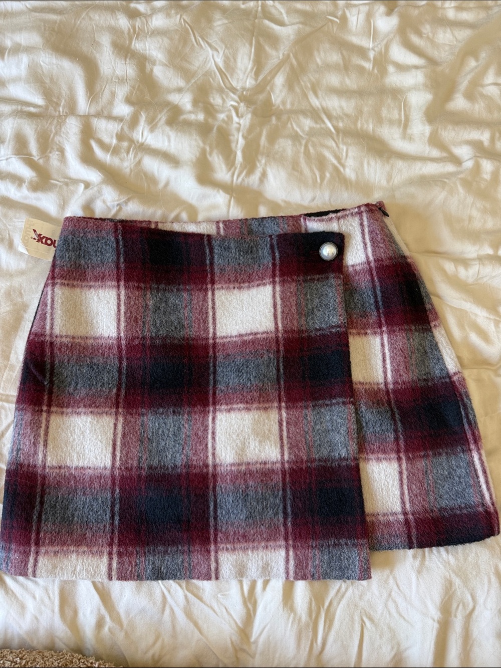 Rachel Zoe Plaid Wrap Mini Skirt in Burgundy, Gray & Cream